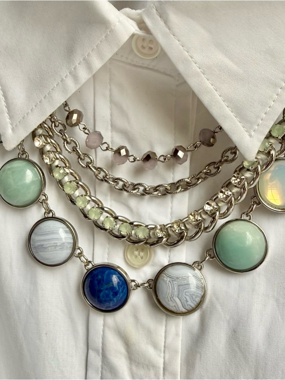 LOFT Boho Statement Necklace Silver Tone Mixed Stone Blue Green Layered Chain